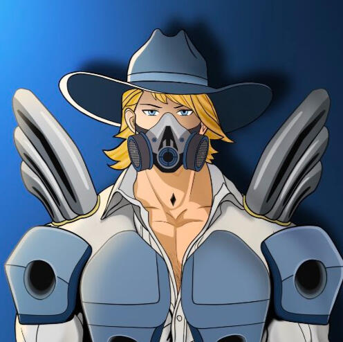 Digital illustration of a muscular blonde male character wearing a cowboy hat and gas mask with futuristic mechanical armor on his shoulders and chest over a white open shirt and blue jeans against a dark blue background