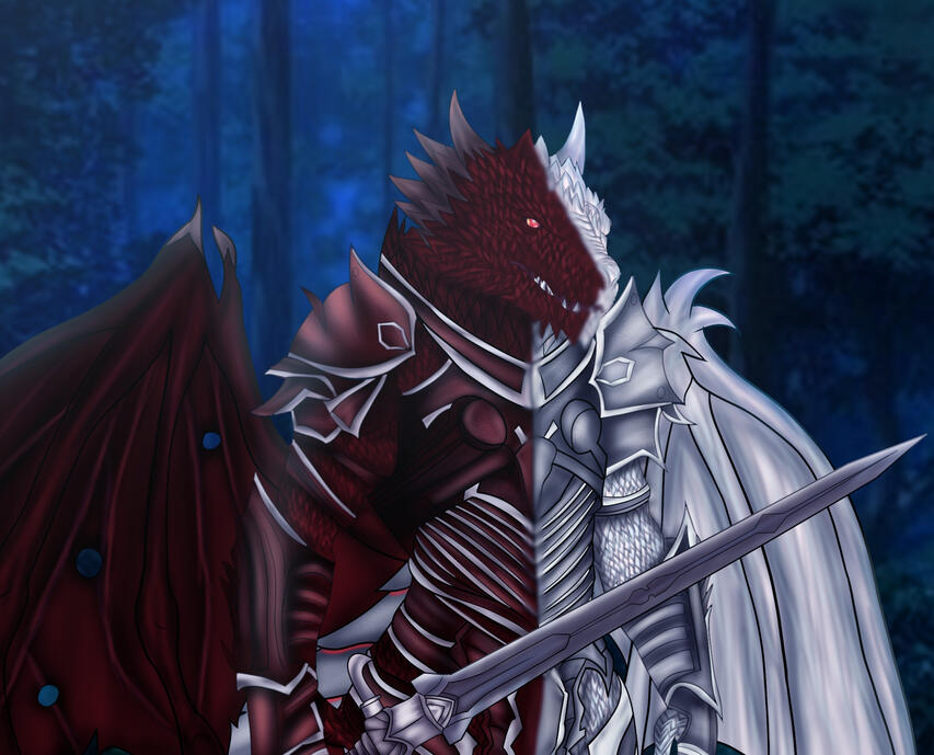 Digital fantasy illustration of an armored dragon warrior split down the middle showing crimson scales and dark wings on the left side and gleaming silver plate armor and white wings on the right side holding a longsword in a moonlit forest