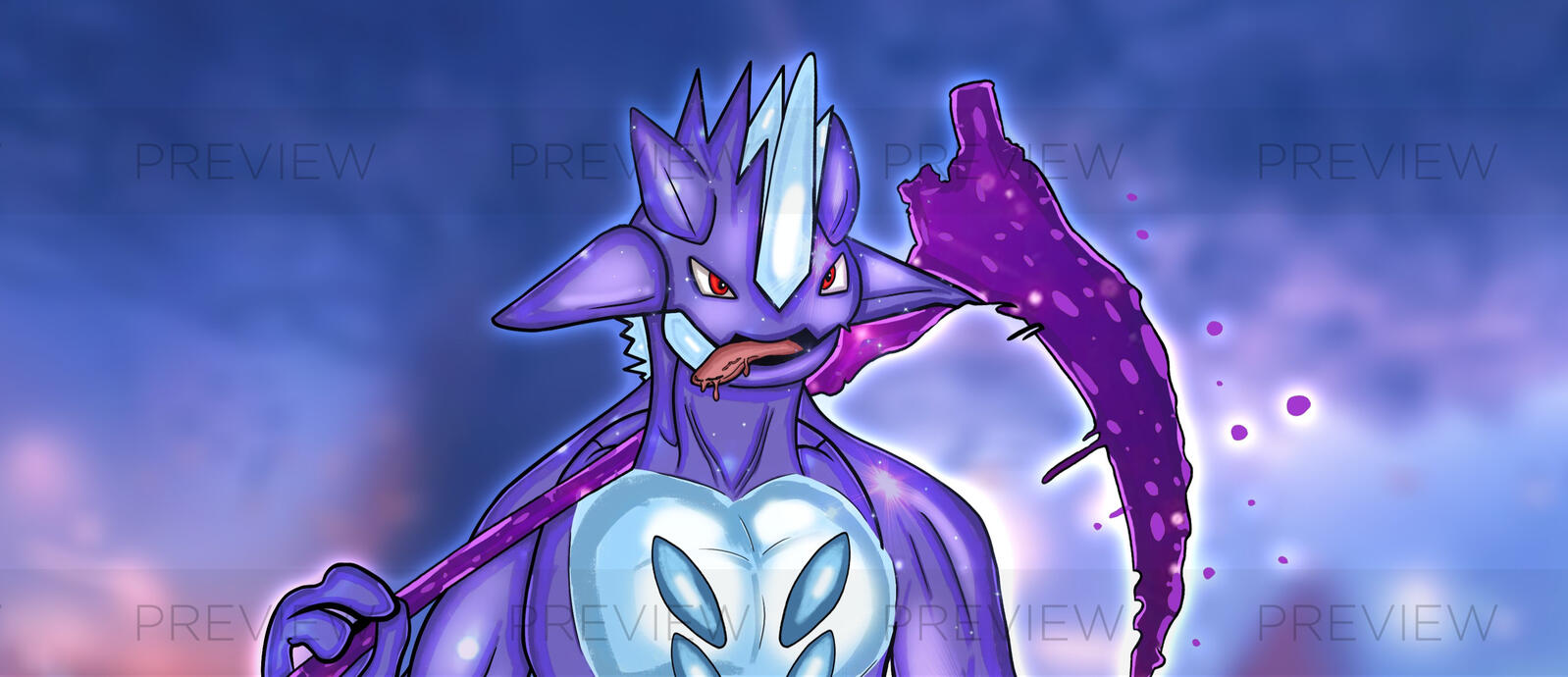 Digital illustration of a muscular purple fantasy creature standing on a rock holding a glowing purple scythe weapon with a luminous white chest pattern glowing eyes and spikes against a magical blue and purple sky background with preview watermark