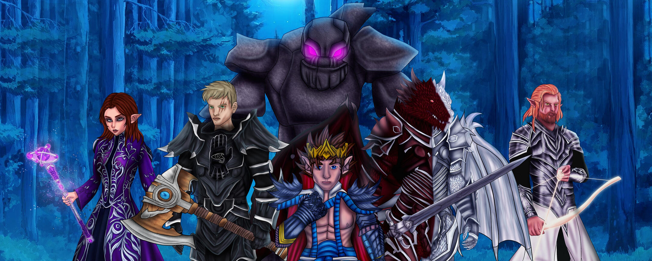 Legends of the Night Wood A digital fantasy illustration of five adventurers united in a moonlit forest. A purple robed elf mage, dark armored rogue, stone golem, young warrior, crimson dragon knight and a white coated archer standing ready for battle.